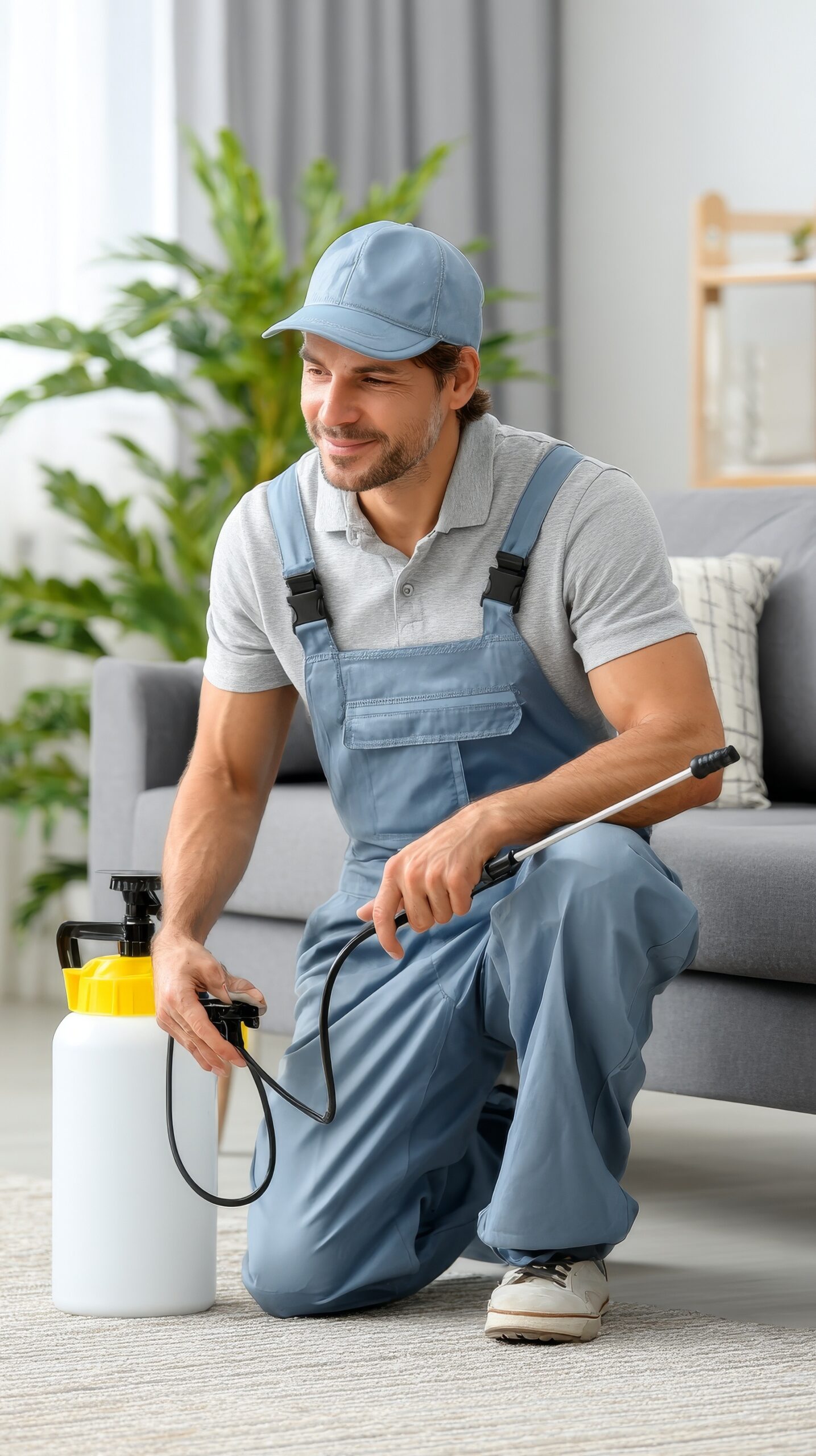A smiling worker in blue overalls kneels with a sprayer, ready to treat pests against a clean living room background.